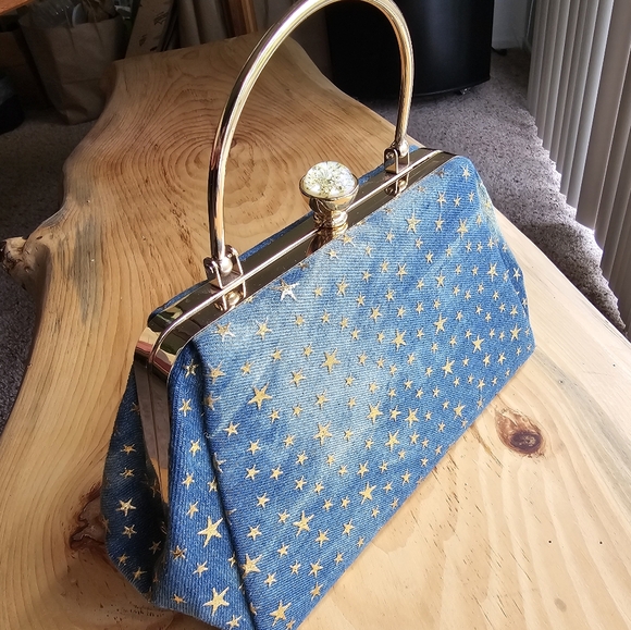 Gold Embossed Star Denim Crossbody Handbag - Picture 2 of 11
